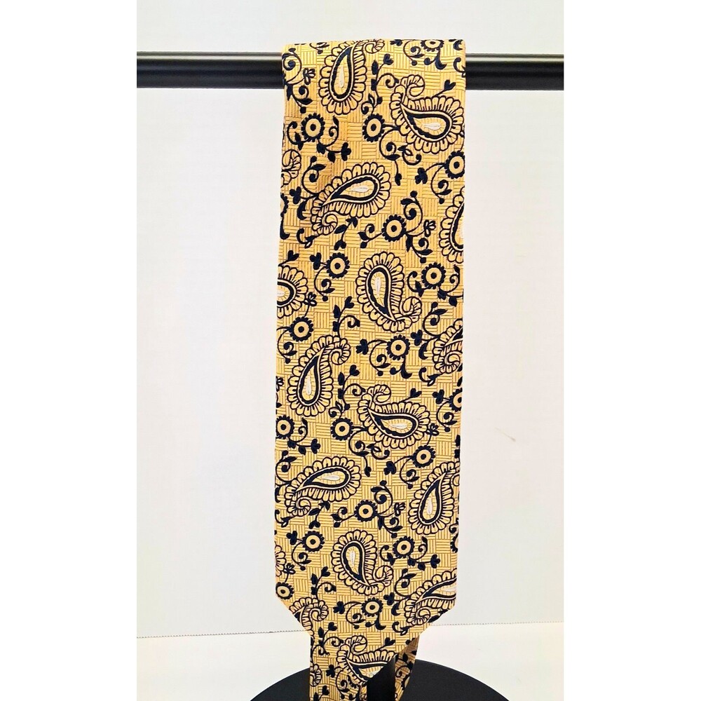 Nordstrom Men's Silk Tie Yellow Navy Paisley Wide 4x59 Made in Italy EUC